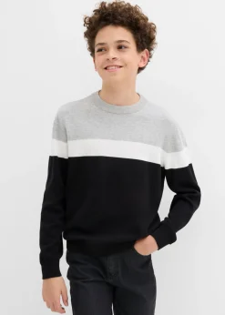 bonprix bonprix Ropa 9 A 16 Años·Sudaderas Y Jerséis>Jersey de punto fino de algodón puro negro-blanco lana-gris claro jaspeado con rayas