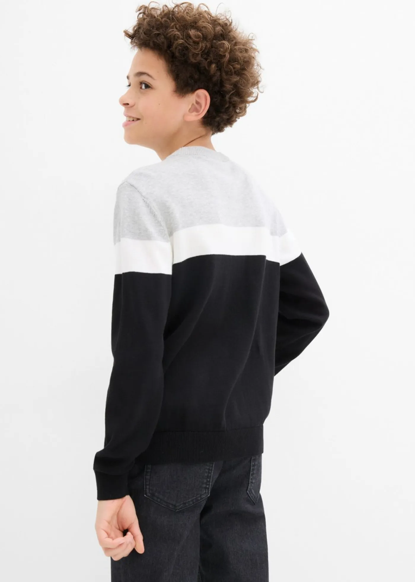 bonprix bonprix Ropa 9 A 16 Años·Sudaderas Y Jerséis>Jersey de punto fino de algodón puro negro-blanco lana-gris claro jaspeado con rayas