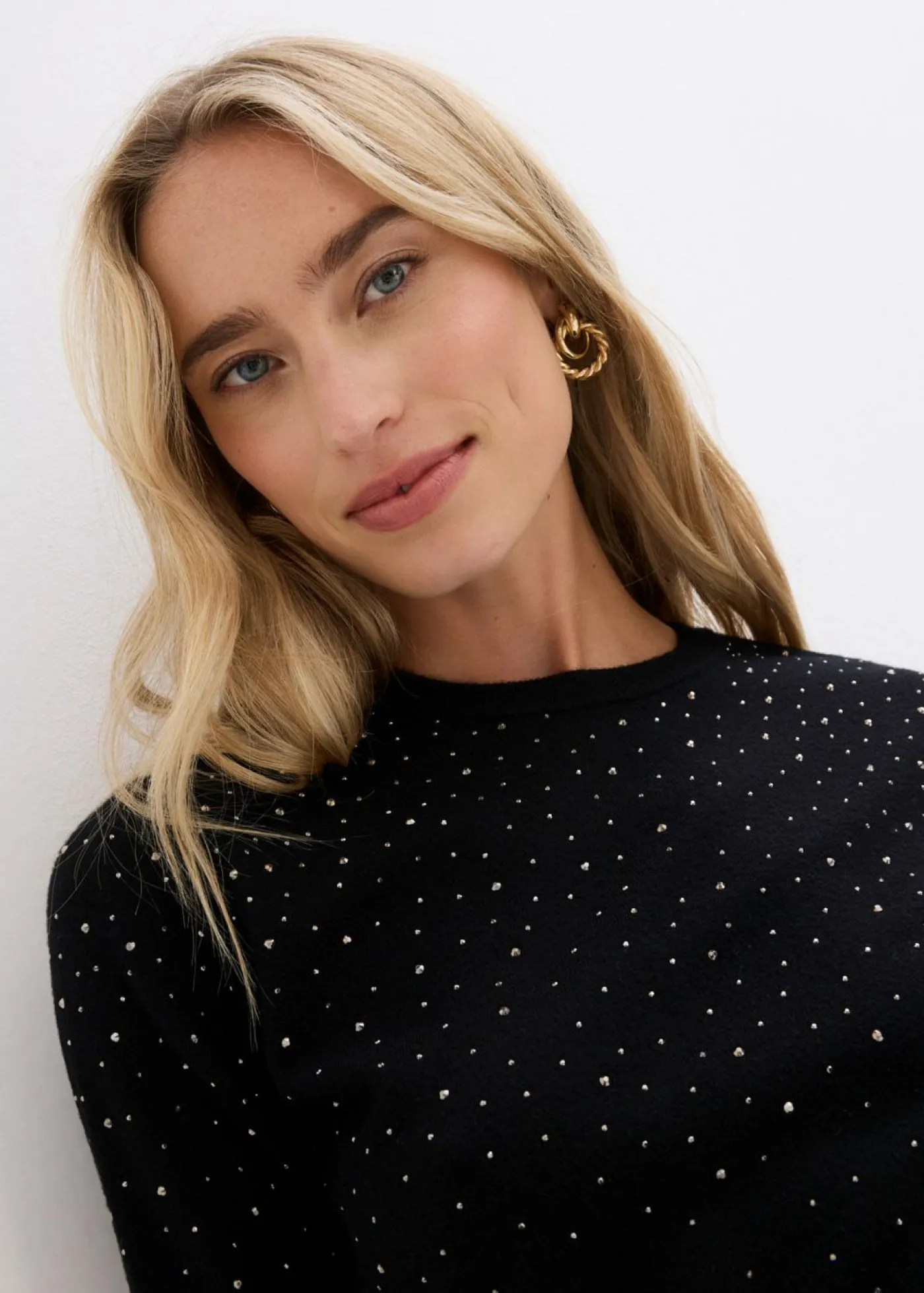 bonprix bonprix Jerséis|Ropa De Punto>Jersey de punto fino de media manga con piedras brillantes Negro