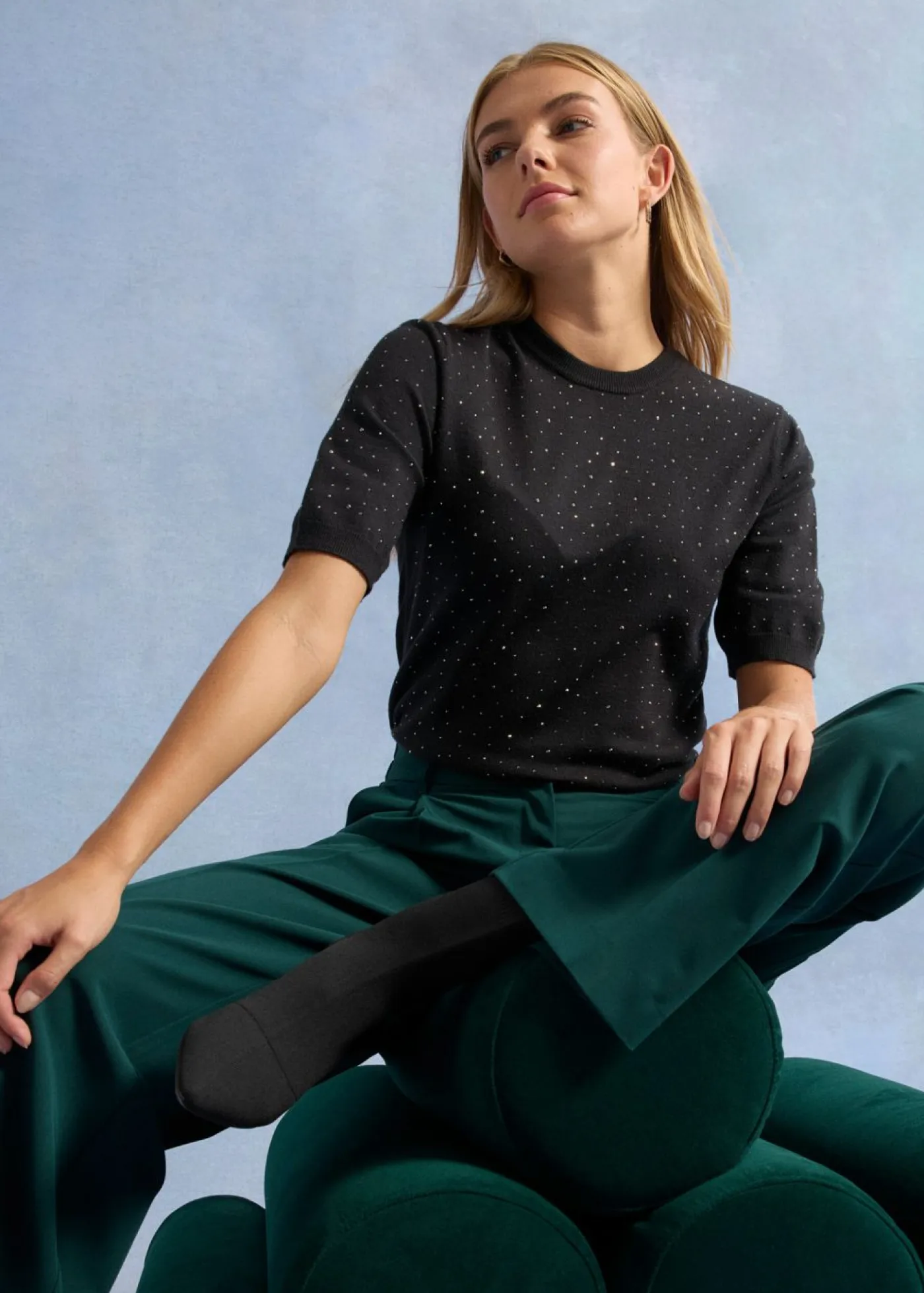 bonprix bonprix Jerséis|Ropa De Punto>Jersey de punto fino de media manga con piedras brillantes Negro