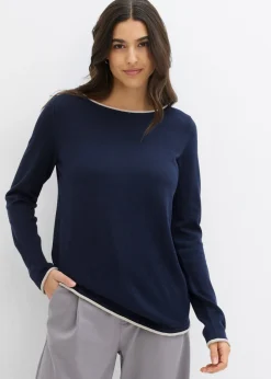bonprix bonprix Jerséis|Ropa De Punto>Jersey de punto fino de mezcla de algodón azul marino-gris piedra