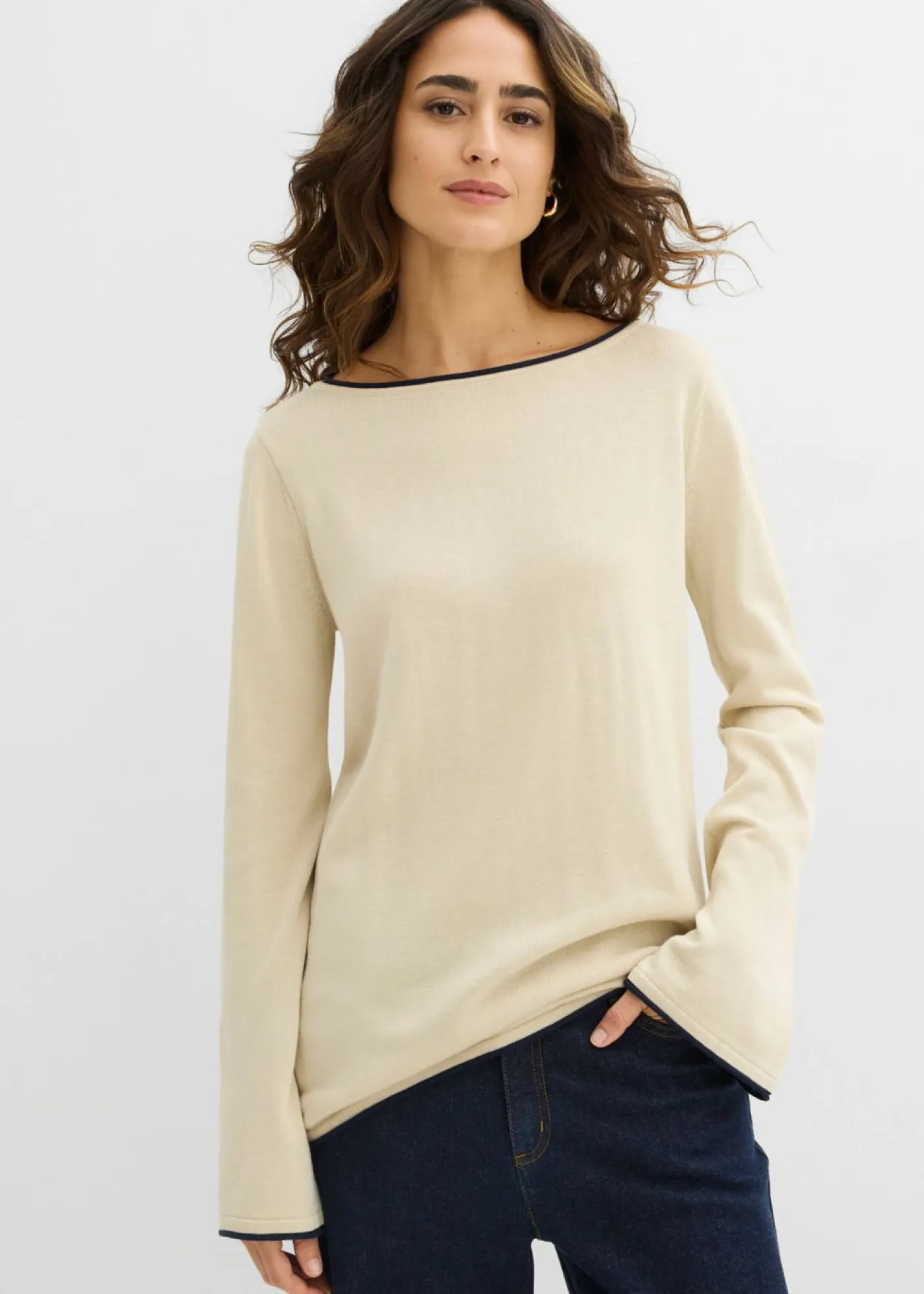 bonprix bonprix Jerséis|Ropa De Punto>Jersey de punto fino de mezcla de algodón arena claro-azul marino