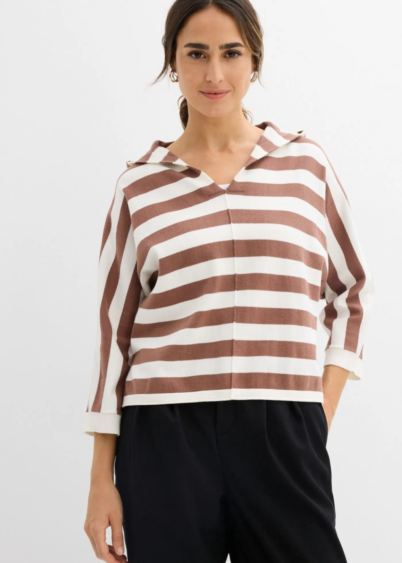 bonprix bonprix Jerséis|Ropa De Punto>Jersey de punto fino oversize de mezcla de algodón blanco perla-marrón castaño con rayas