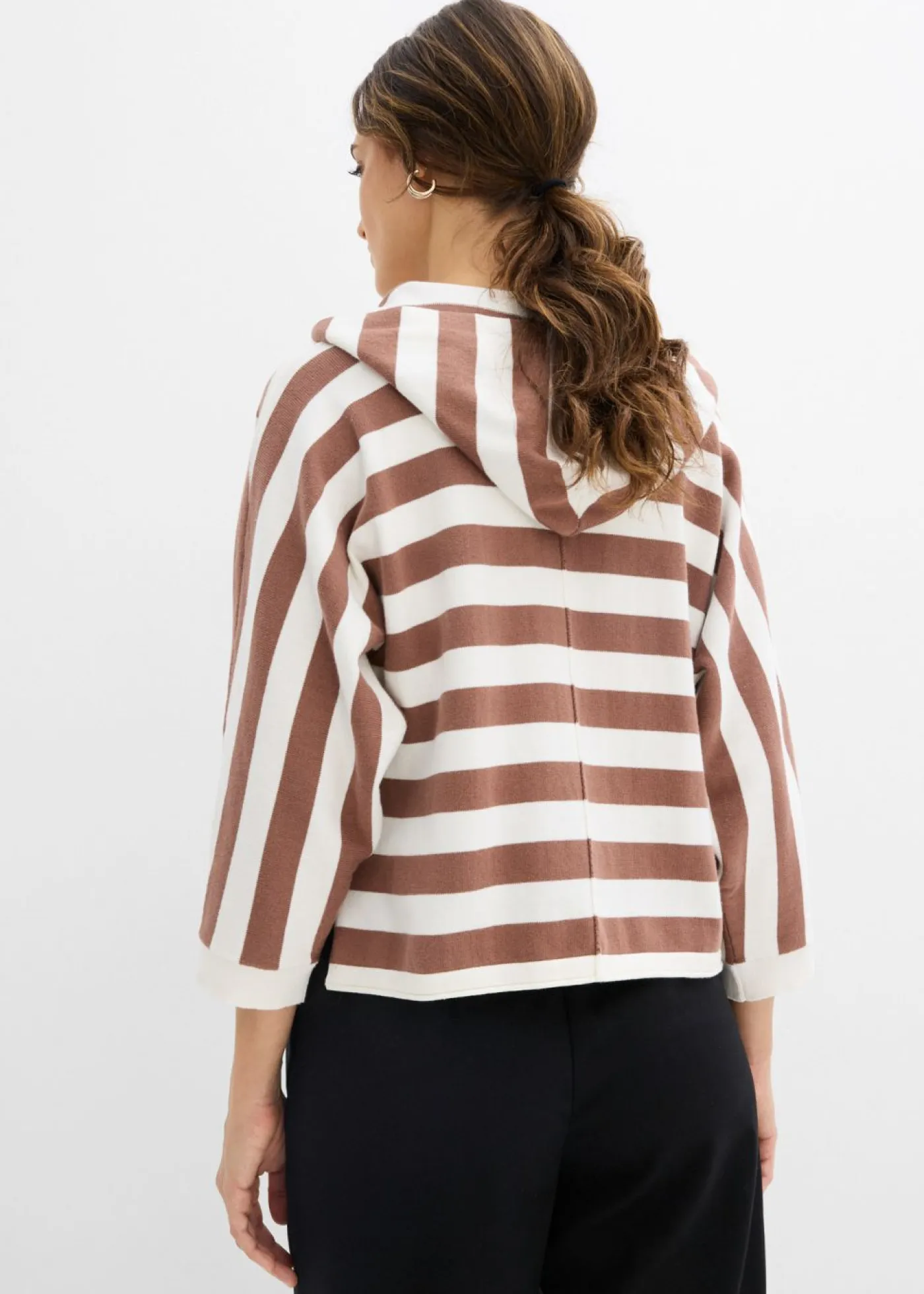 bonprix bonprix Jerséis|Ropa De Punto>Jersey de punto fino oversize de mezcla de algodón blanco perla-marrón castaño con rayas