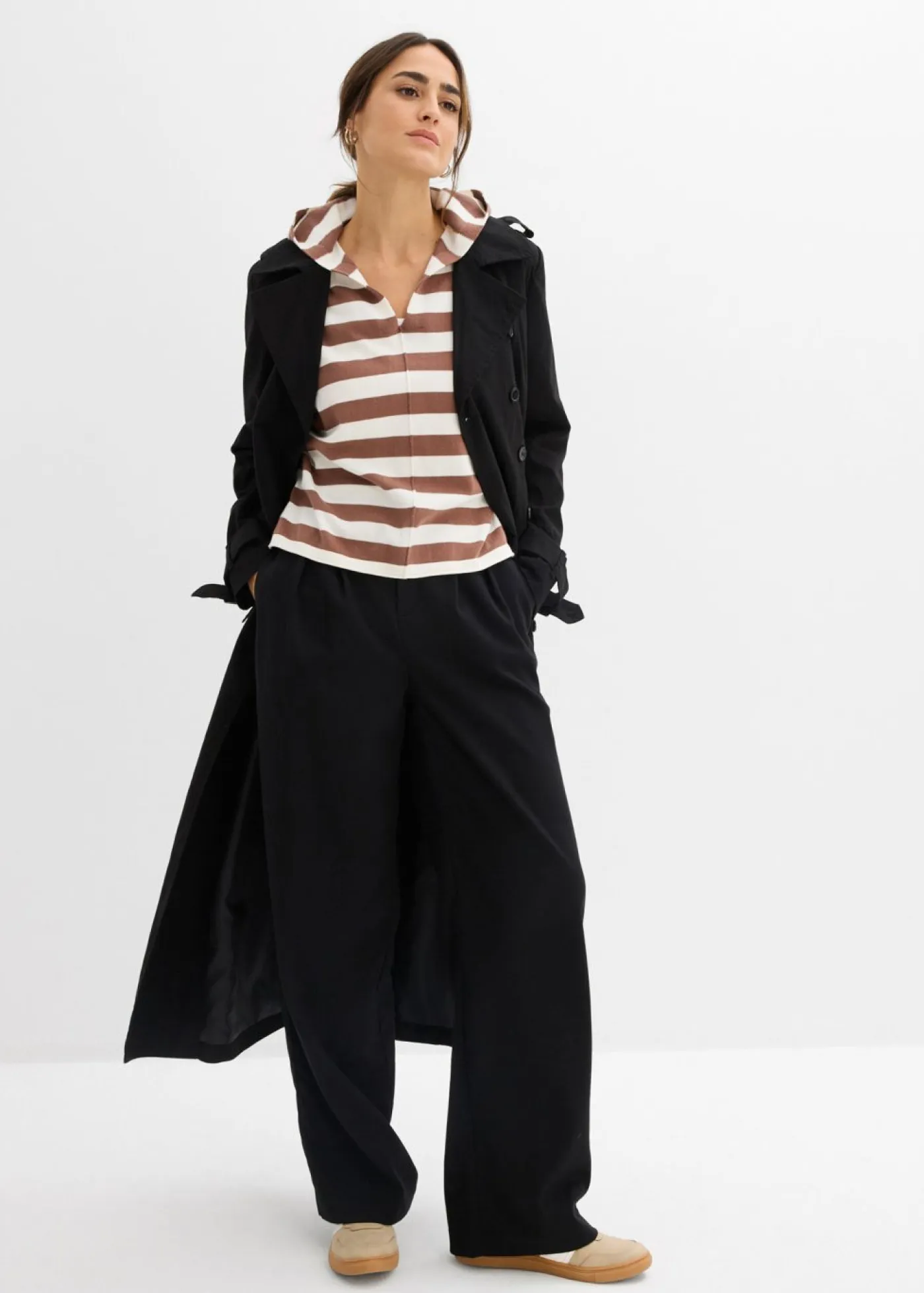 bonprix bonprix Jerséis|Ropa De Punto>Jersey de punto fino oversize de mezcla de algodón blanco perla-marrón castaño con rayas