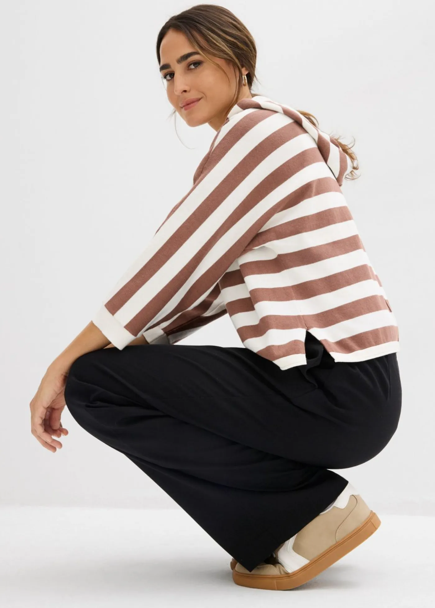 bonprix bonprix Jerséis|Ropa De Punto>Jersey de punto fino oversize de mezcla de algodón blanco perla-marrón castaño con rayas