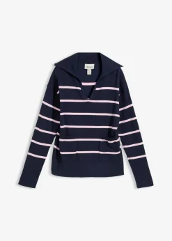 bonprix bonprix Jerséis|Novedades>Jersey de punto fino tipo polo azul marino-rosa cristal con rayas
