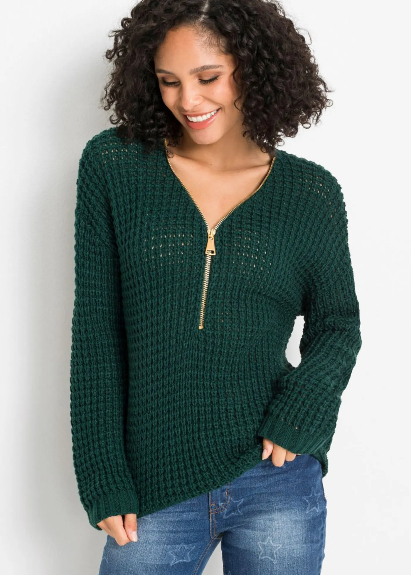 bonprix bonprix Jerséis|Ropa De Punto>Jersey de punto grueso con detalle de cremallera Verde intenso