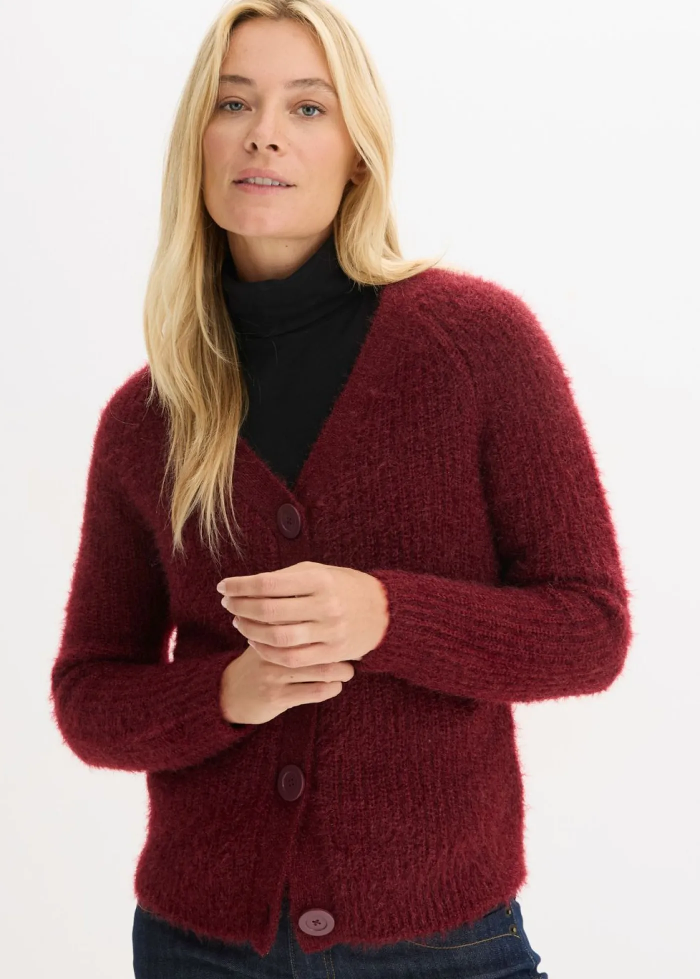 bonprix bonprix Jerséis|Ropa De Punto>Jersey de punto grueso de canalé con efecto brillante Rojo rubí