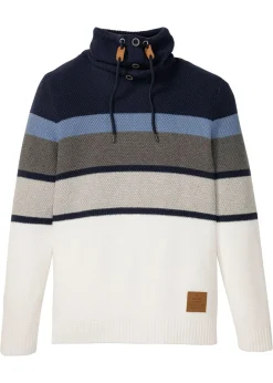 bonprix bonprix Jerséis Y Cárdigans>Jersey de punto grueso de algodón puro con cuello azul marino / crema suave rayas horizontales