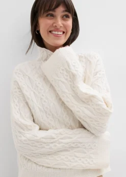 bonprix bonprix Jerséis|Ropa De Punto>Jersey de punto trenzado blanco perla moteado
