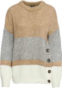 bonprix bonprix Jerséis|Ropa De Punto>Jersey de rayas de corte holgado con botones Beige-gris claro jaspeado-blanco