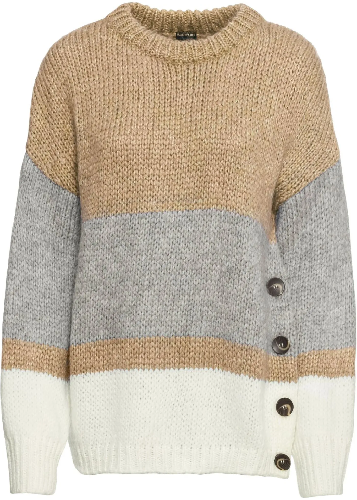 bonprix bonprix Jerséis|Ropa De Punto>Jersey de rayas de corte holgado con botones Beige-gris claro jaspeado-blanco