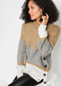 bonprix bonprix Jerséis|Ropa De Punto>Jersey de rayas de corte holgado con botones Beige-gris claro jaspeado-blanco