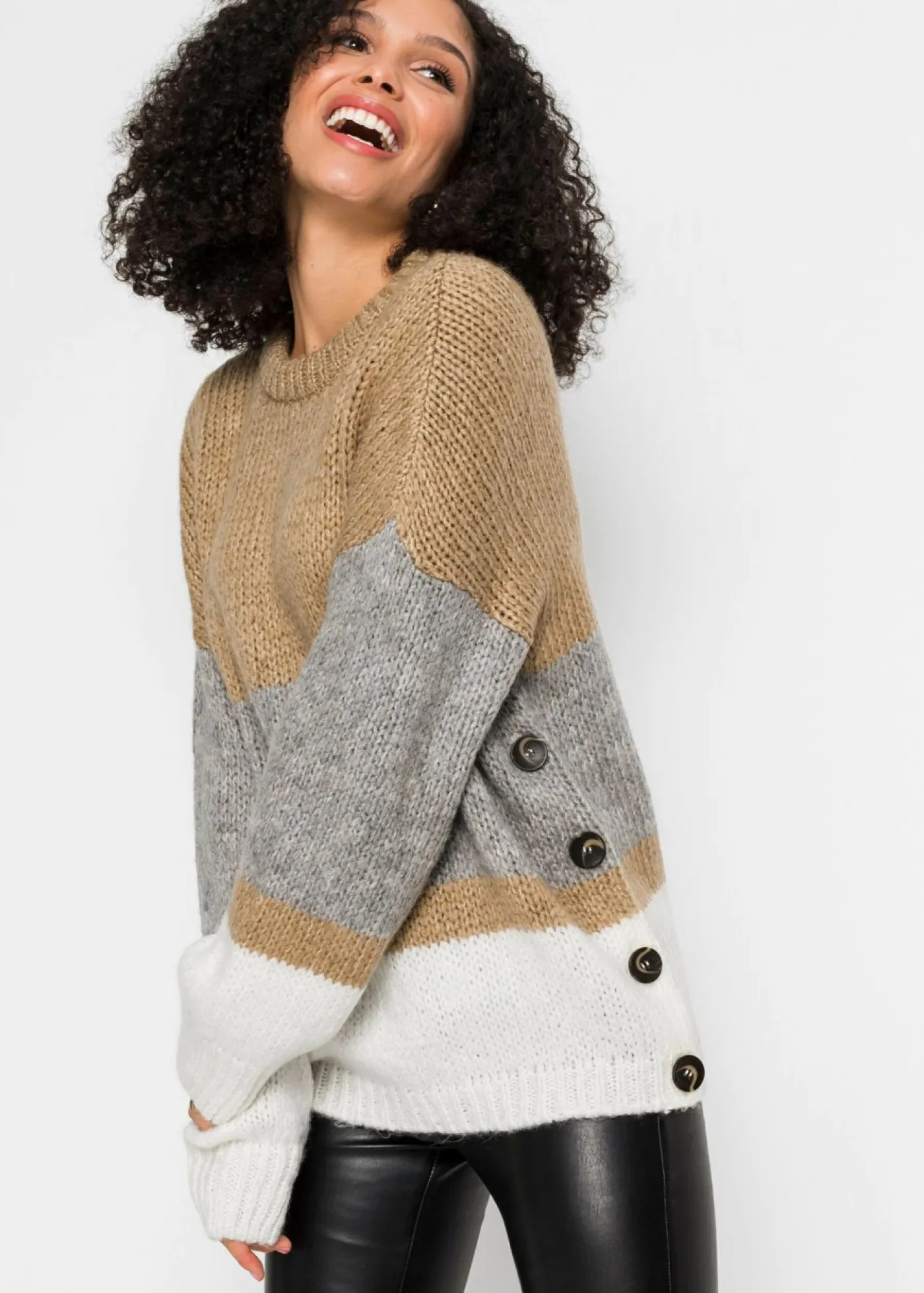 bonprix bonprix Jerséis|Ropa De Punto>Jersey de rayas de corte holgado con botones Beige-gris claro jaspeado-blanco