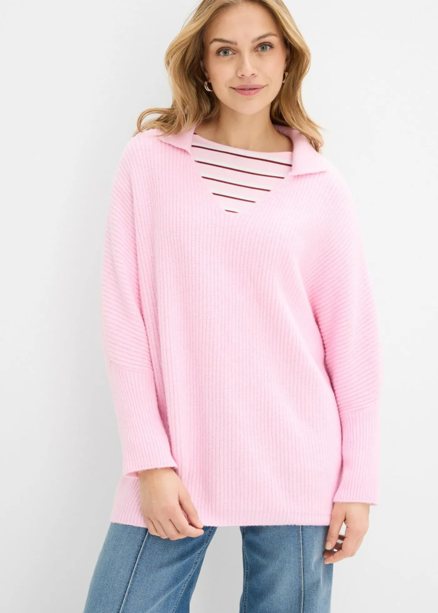 bonprix bonprix Jerséis|Ropa De Punto>Jersey holgado con cuello tipo polo rosa cristal