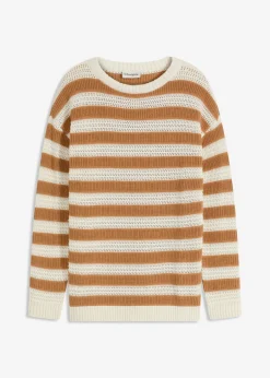 bonprix bonprix Jerséis|Ropa De Punto>Jersey holgado de algodón puro Avellana/blanco lana de rayas