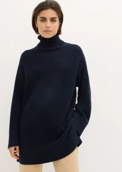 bonprix bonprix Jerséis|Ropa De Punto>Jersey holgado de cuello vuelto de mezcla de algodón Azul marino