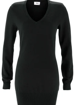 bonprix bonprix Básicos|Jerséis>Jersey largo básico, de punto fino, con escote en V Negro