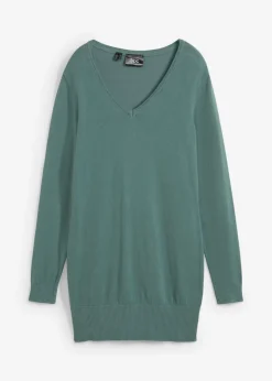 bonprix bonprix Básicos|Jerséis>Jersey largo básico, de punto fino, con escote en V Verde grisáceo