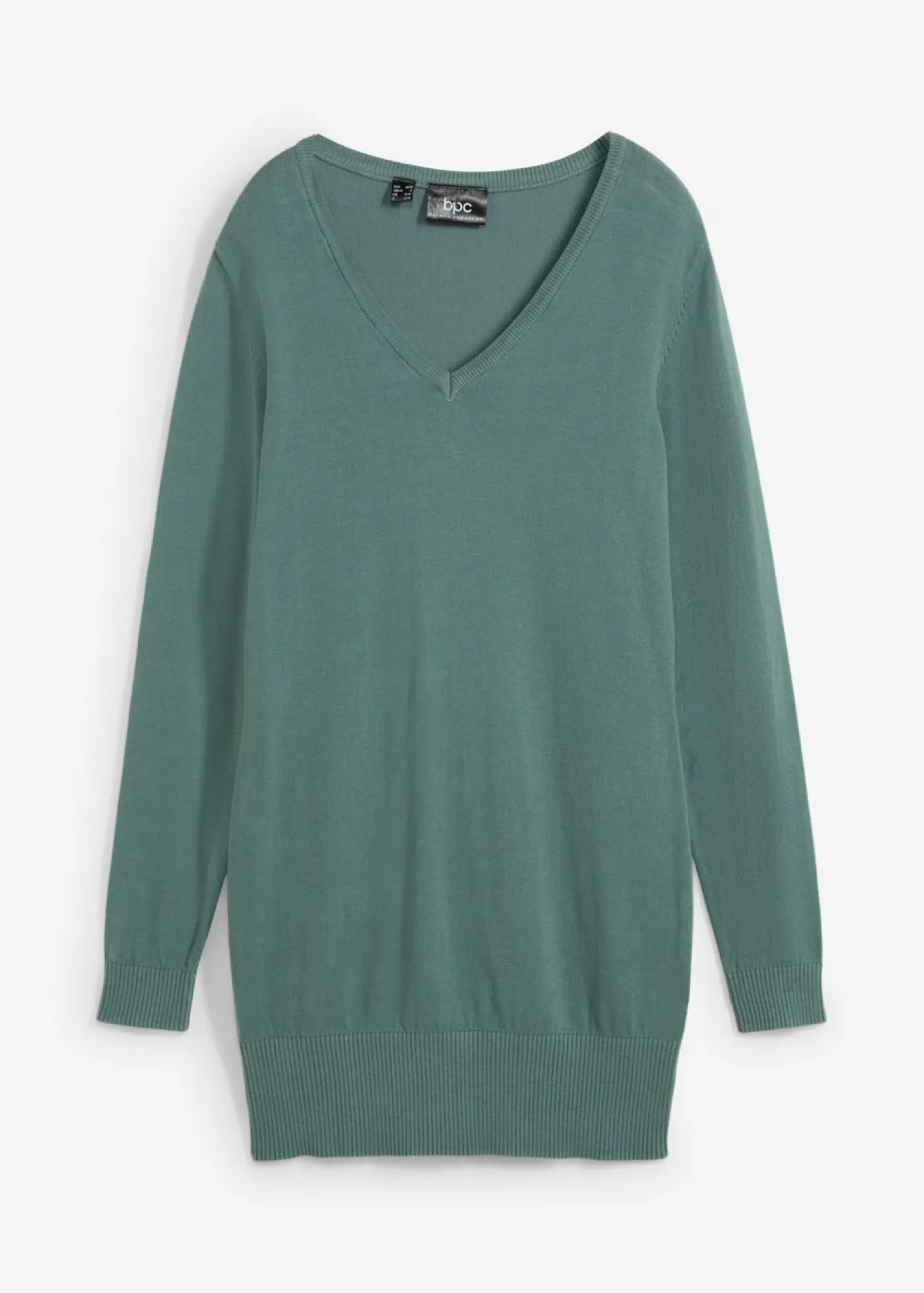 bonprix bonprix Básicos|Jerséis>Jersey largo básico, de punto fino, con escote en V Verde grisáceo
