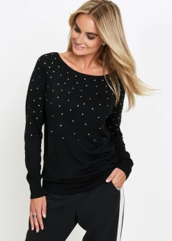 bonprix bonprix Jerséis|Ropa De Punto>Jersey largo con piedras brillantes Negro-plateado