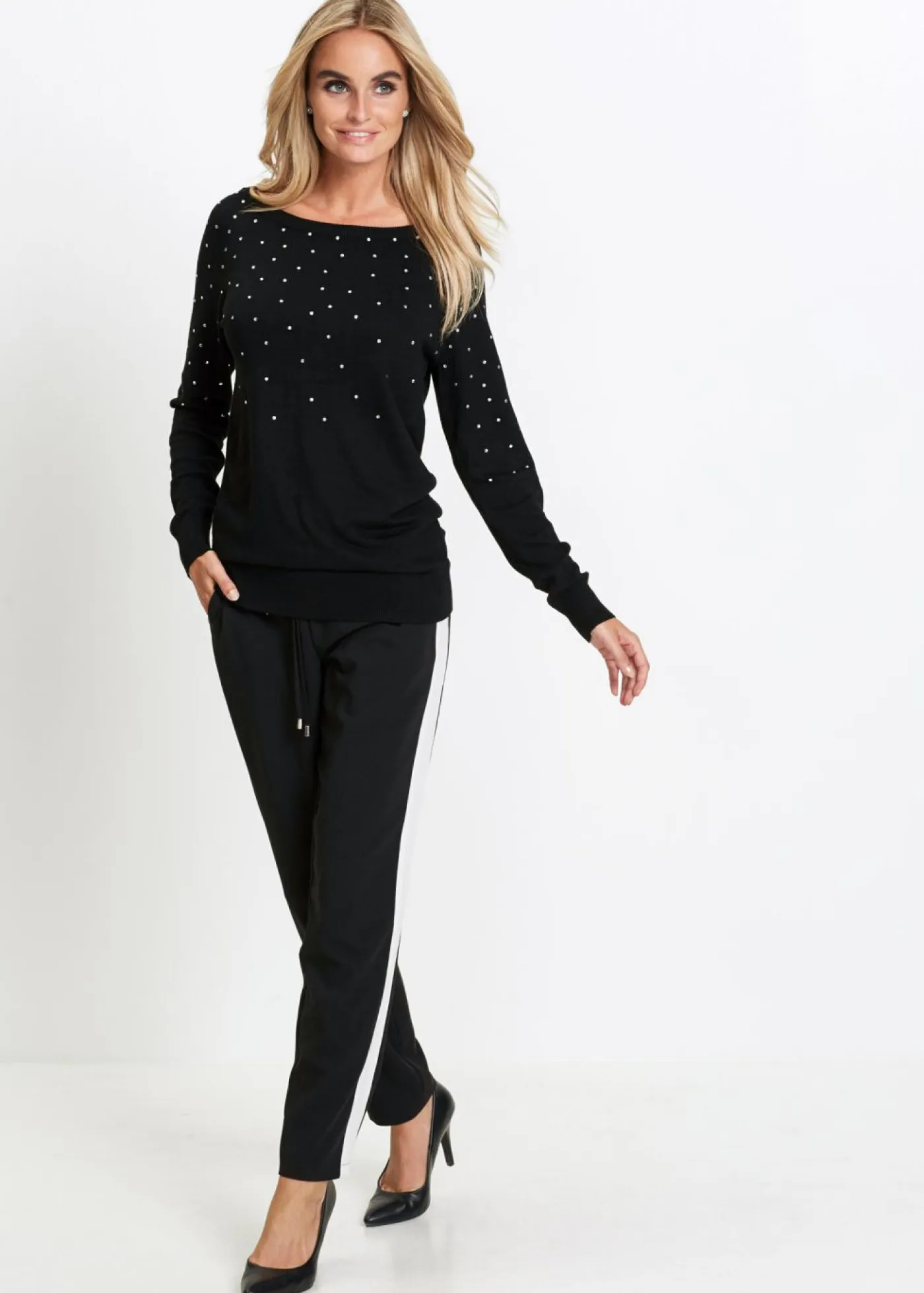 bonprix bonprix Jerséis|Ropa De Punto>Jersey largo con piedras brillantes Negro-plateado
