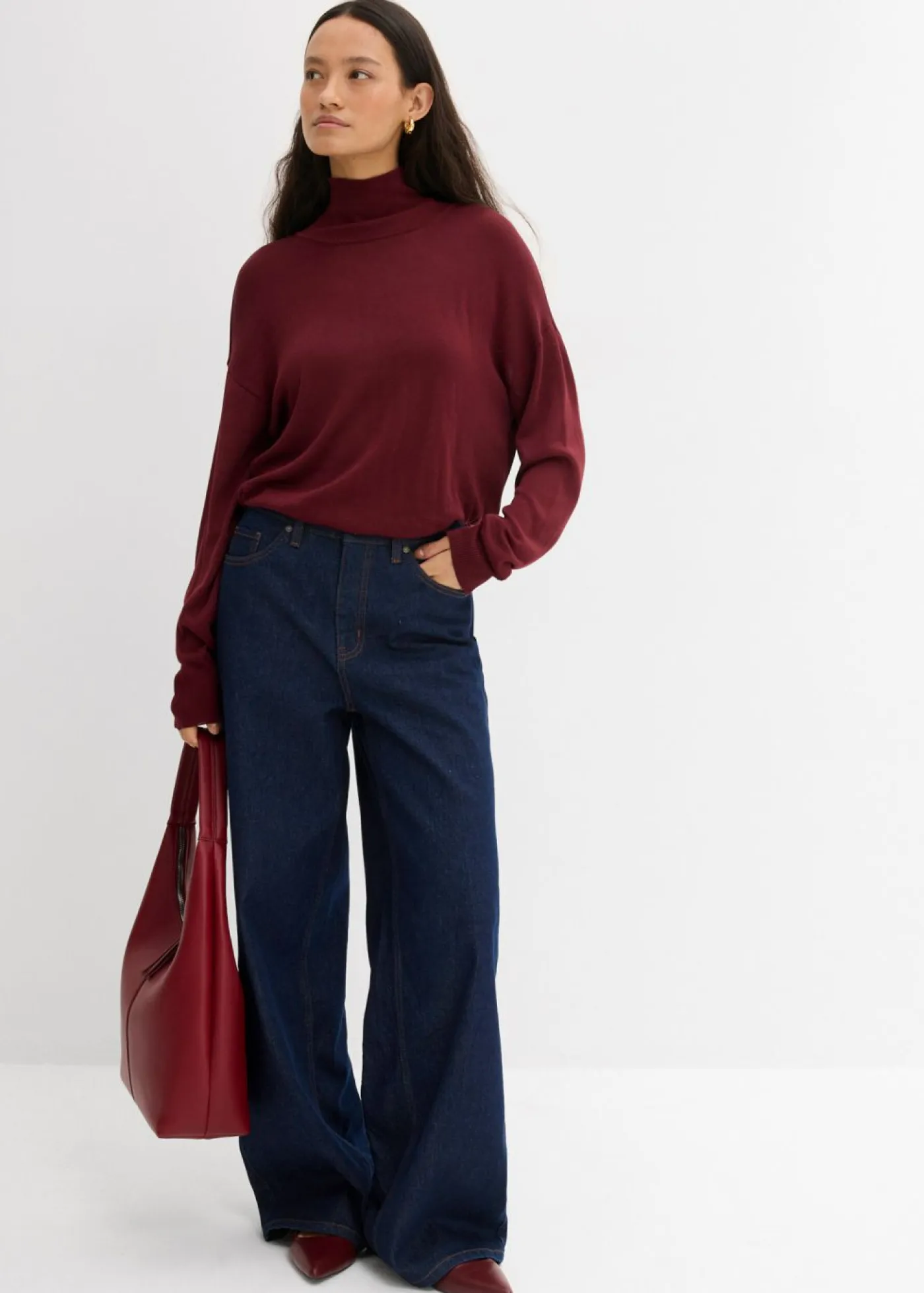 bonprix bonprix Esenciales|Jerséis>Jersey ligero de punto fino con cuello alto ancho, en mezcla de viscosa rojo avellana