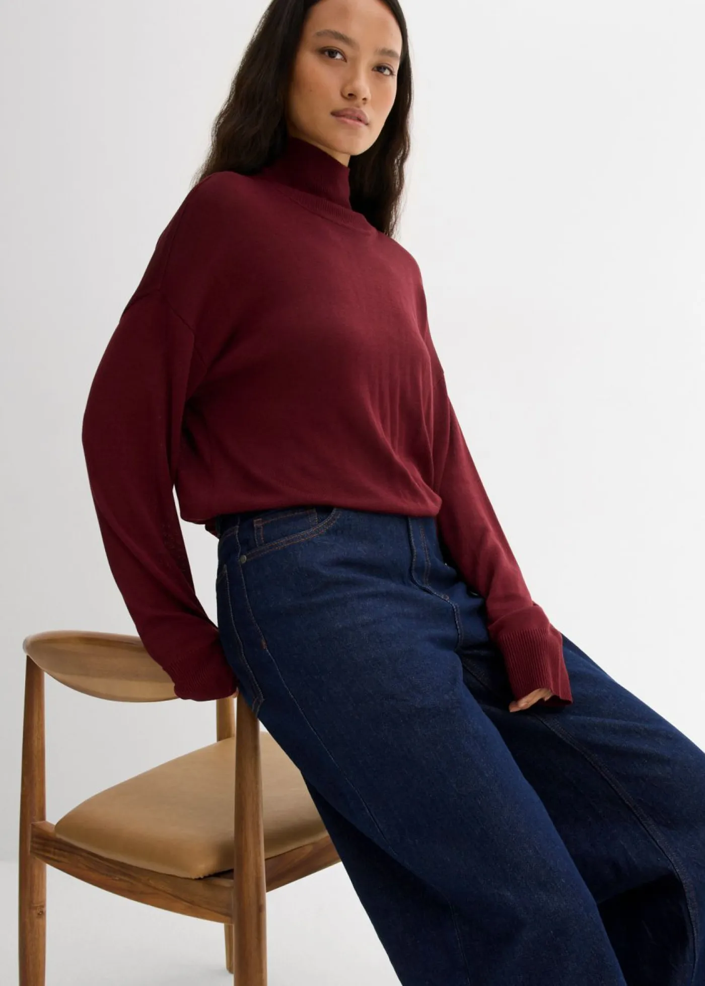 bonprix bonprix Esenciales|Jerséis>Jersey ligero de punto fino con cuello alto ancho, en mezcla de viscosa rojo avellana