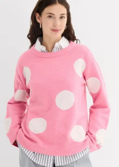bonprix bonprix Jerséis|Ropa De Punto>Jersey oversize rosa brillante con lunares blancos