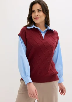 bonprix bonprix Jerséis|Ropa De Punto>Jersey sin mangas con inserto de blusa y contenido de algodón rojo rubí-azul claro