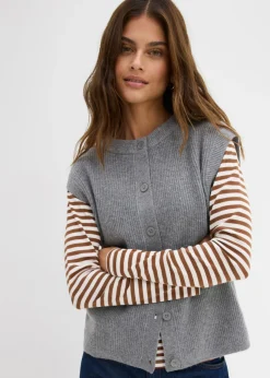 bonprix bonprix Básicos|Jerséis>Jersey sin mangas de punto grueso Gris jaspeado