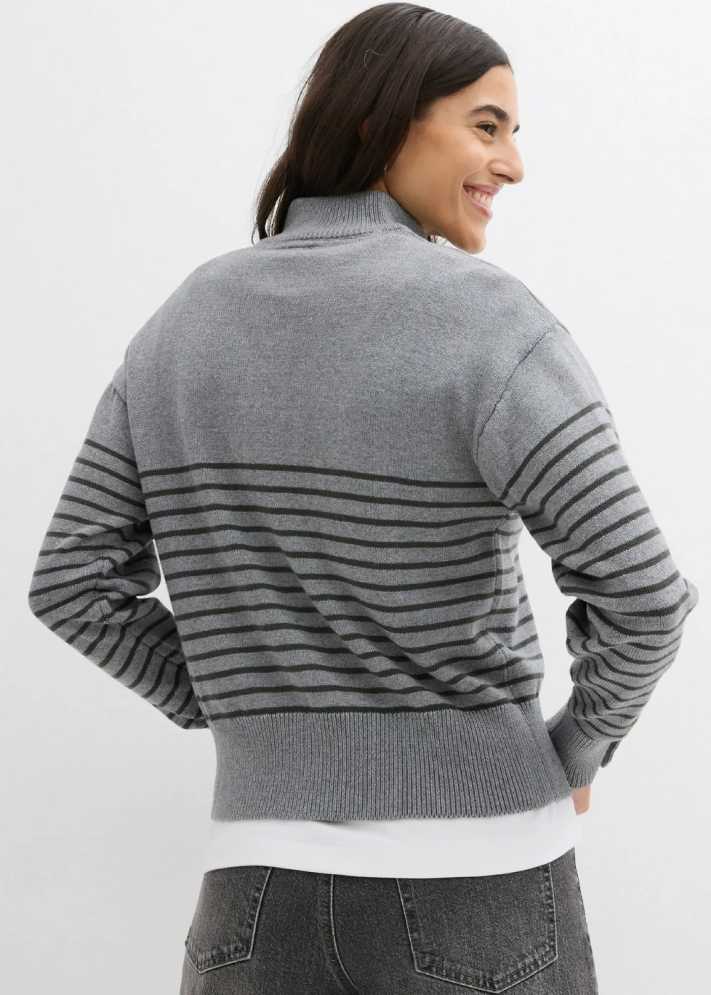 bonprix bonprix Jerséis>Jersey tipo troyer gris jaspeado-antracita con rayas
