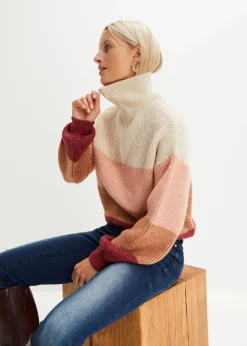 bonprix bonprix Jerséis>Jersey troyer Crema-rosa antiguo-burdeos con rayas horizontales