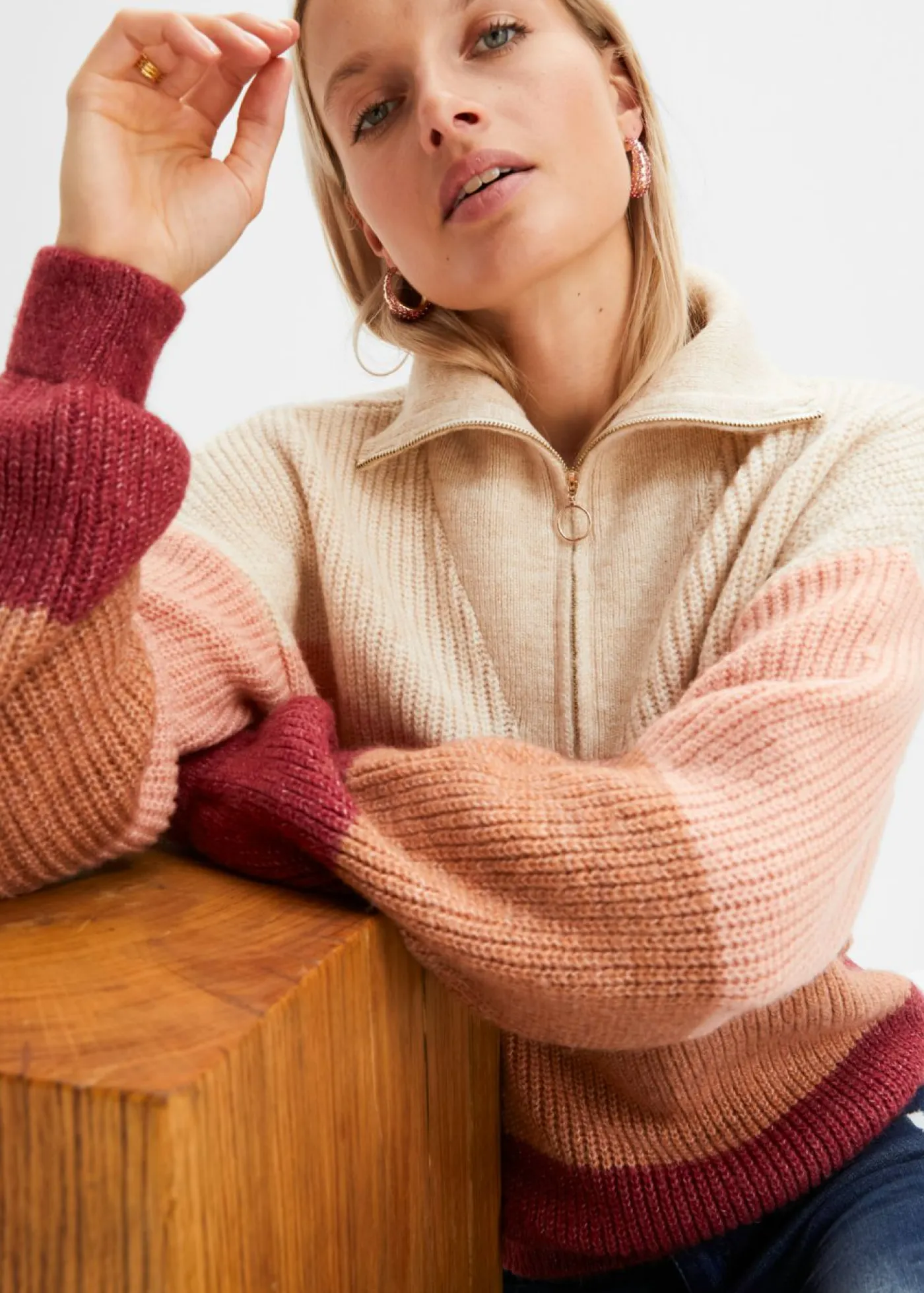 bonprix bonprix Jerséis>Jersey troyer Crema-rosa antiguo-burdeos con rayas horizontales