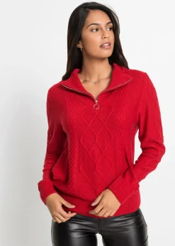 bonprix bonprix Jerséis>Jersey troyer con patrón trenzado rojo intenso