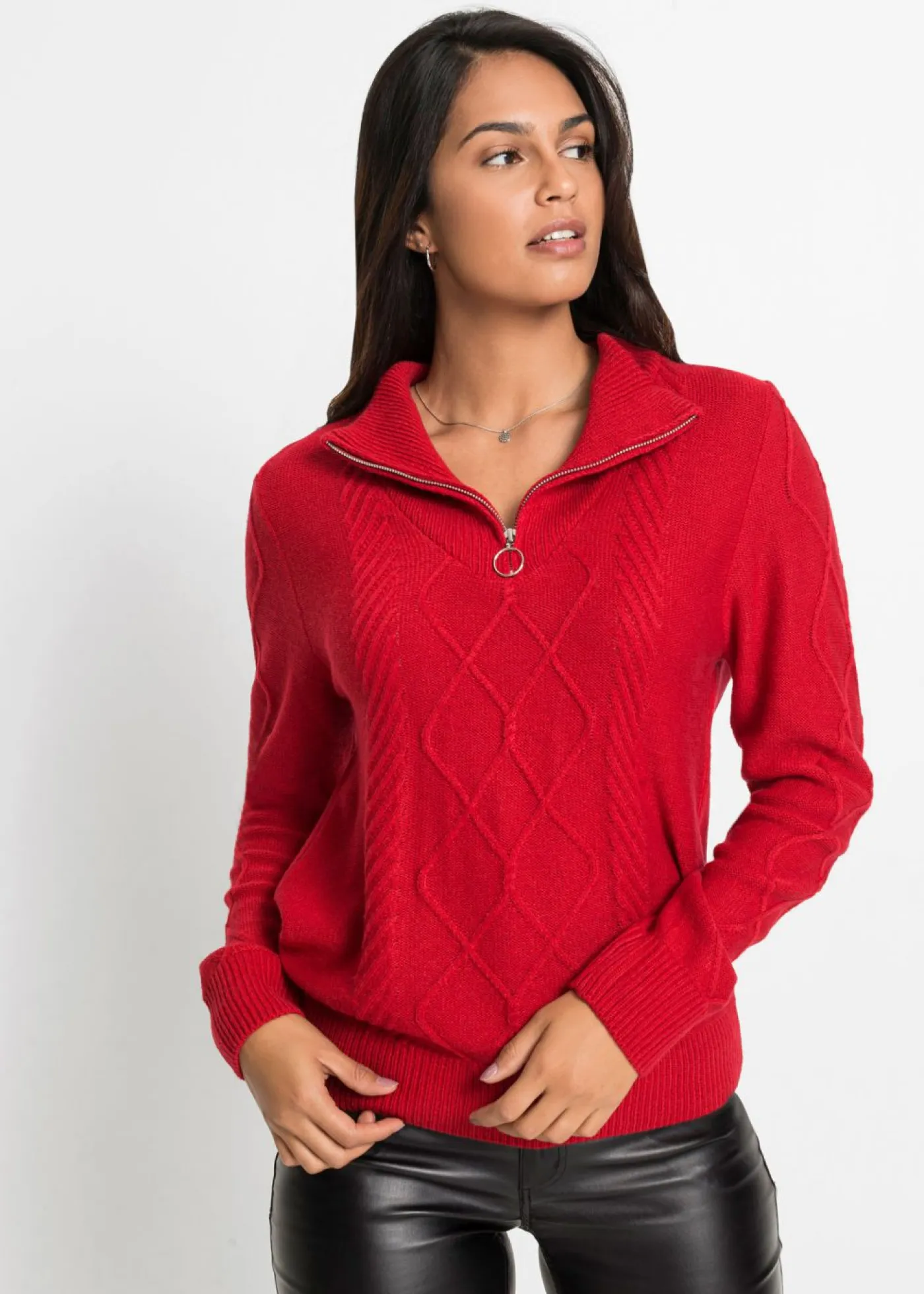 bonprix bonprix Jerséis>Jersey troyer con patrón trenzado rojo intenso