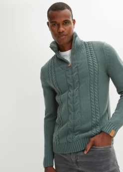 bonprix bonprix Básicos En Rebajas|Jerséis Y Cárdigans>Jersey troyer de punto grueso y patrón trenzado Verde grisáceo