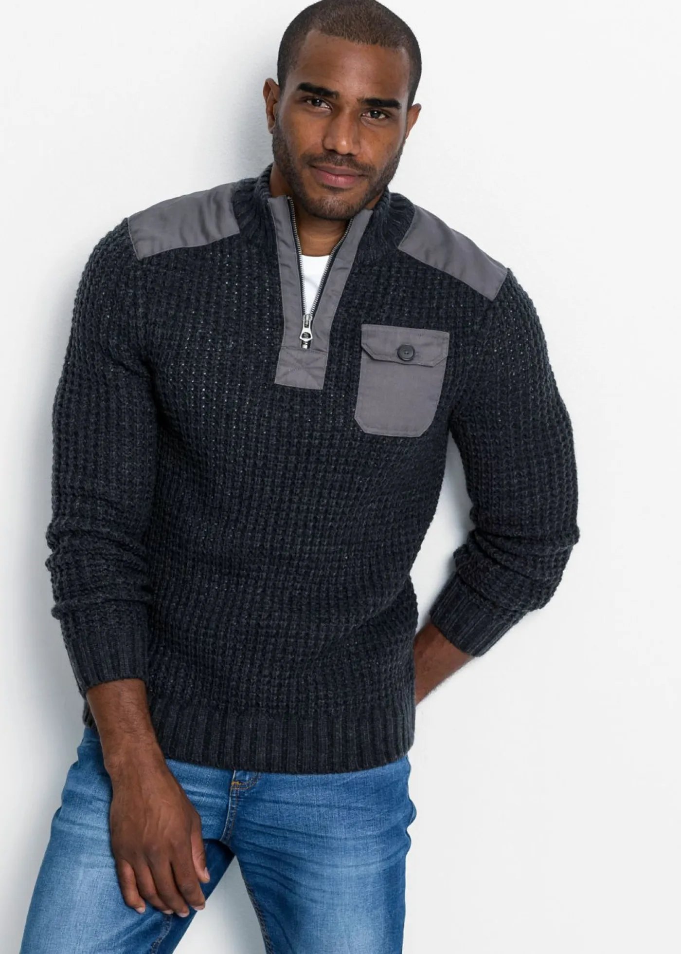 Hombre bonprix bonprix Jersey troyer de punto grueso con inserto de malla