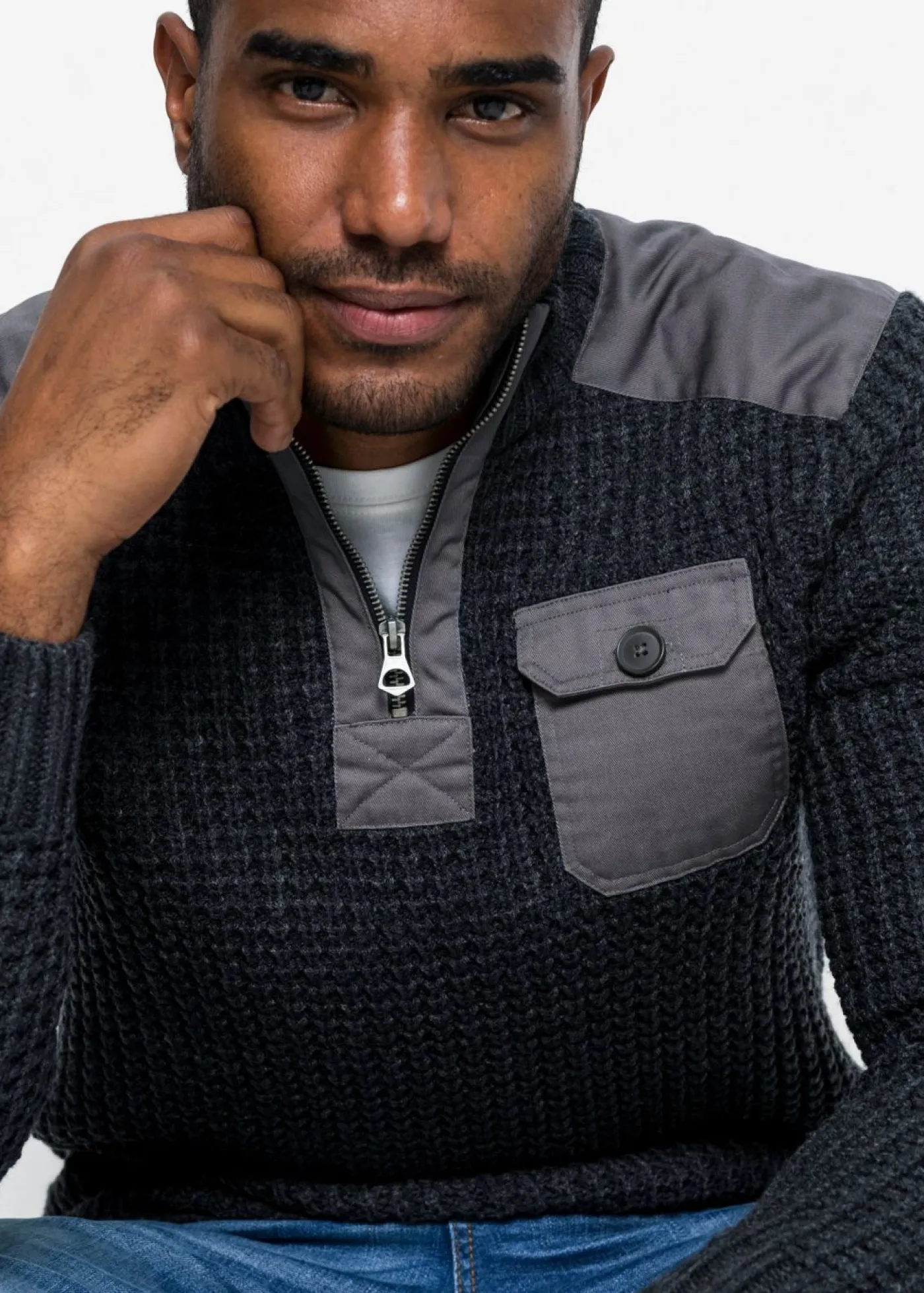 Hombre bonprix bonprix Jersey troyer de punto grueso con inserto de malla