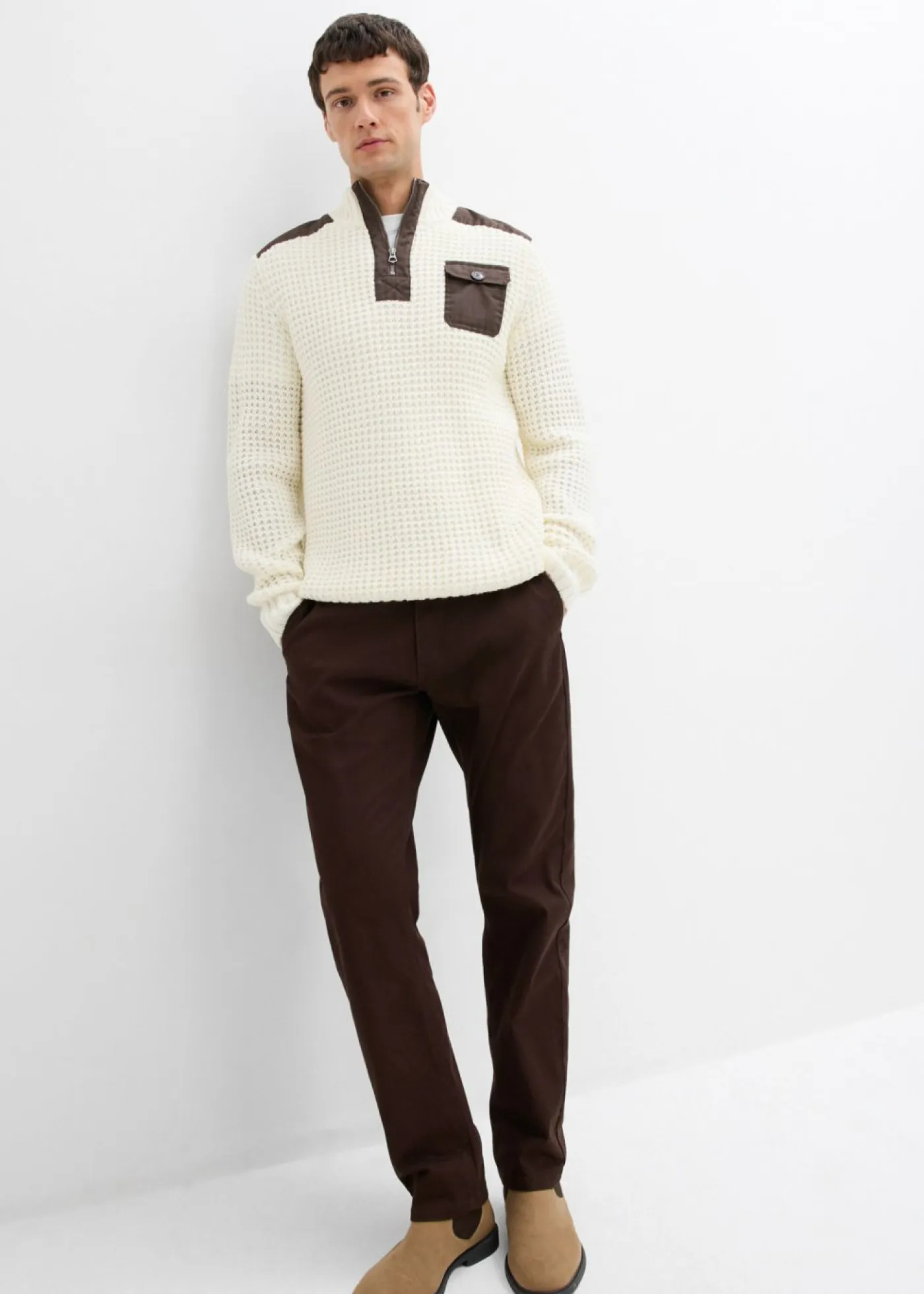 bonprix bonprix Jerséis Y Cárdigans>Jersey troyer de punto grueso con inserto de malla Blanco lana