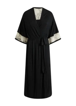 bonprix bonprix Albornoces Y Batas|Lencería>Kimono largo de viscosa con bordado Negro + beige tiza
