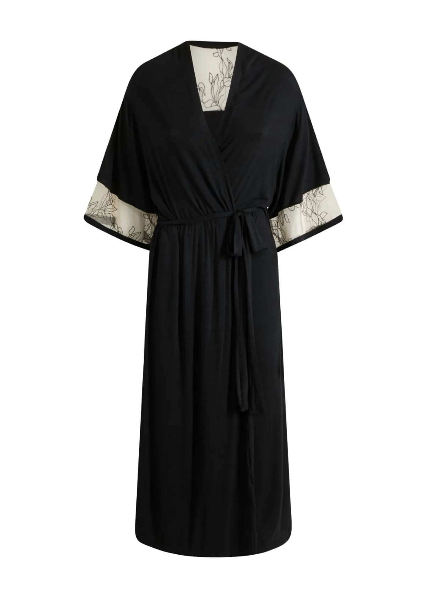 bonprix bonprix Albornoces Y Batas|Lencería>Kimono largo de viscosa con bordado Negro + beige tiza