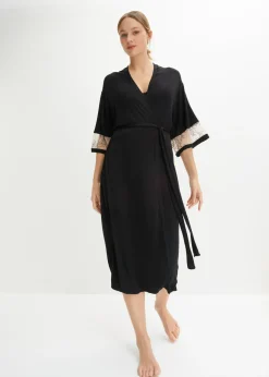 bonprix bonprix Albornoces Y Batas|Lencería>Kimono largo de viscosa con bordado Negro + beige tiza