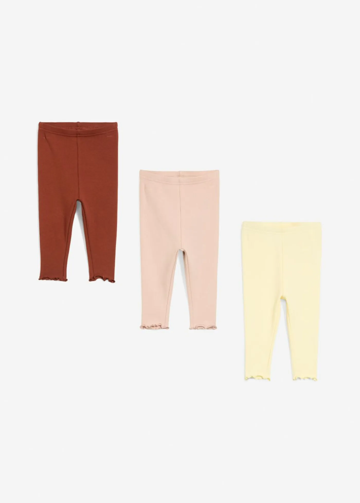 bonprix bonprix Packs|Pantalones>Leggings de canalé de algodón orgánico con volantes (3 unidades) Vainilla + marrón caoba + beige mate + blanco lana
