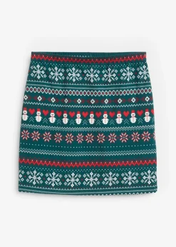 bonprix bonprix Faldas>Minifalda con patrón noruego de mezcla de algodón y elastano Verde petróleo-gris plata-blanco lana-rojo con patrón nórdico