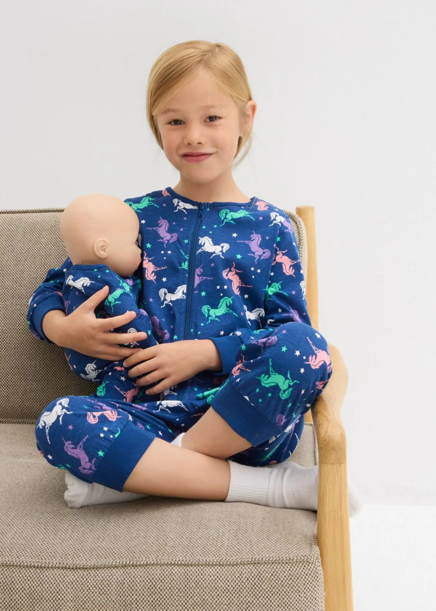 bonprix bonprix Niña·Pijamas>Mono de pijama de niña + mono de muñeca (2 piezas) Azul
