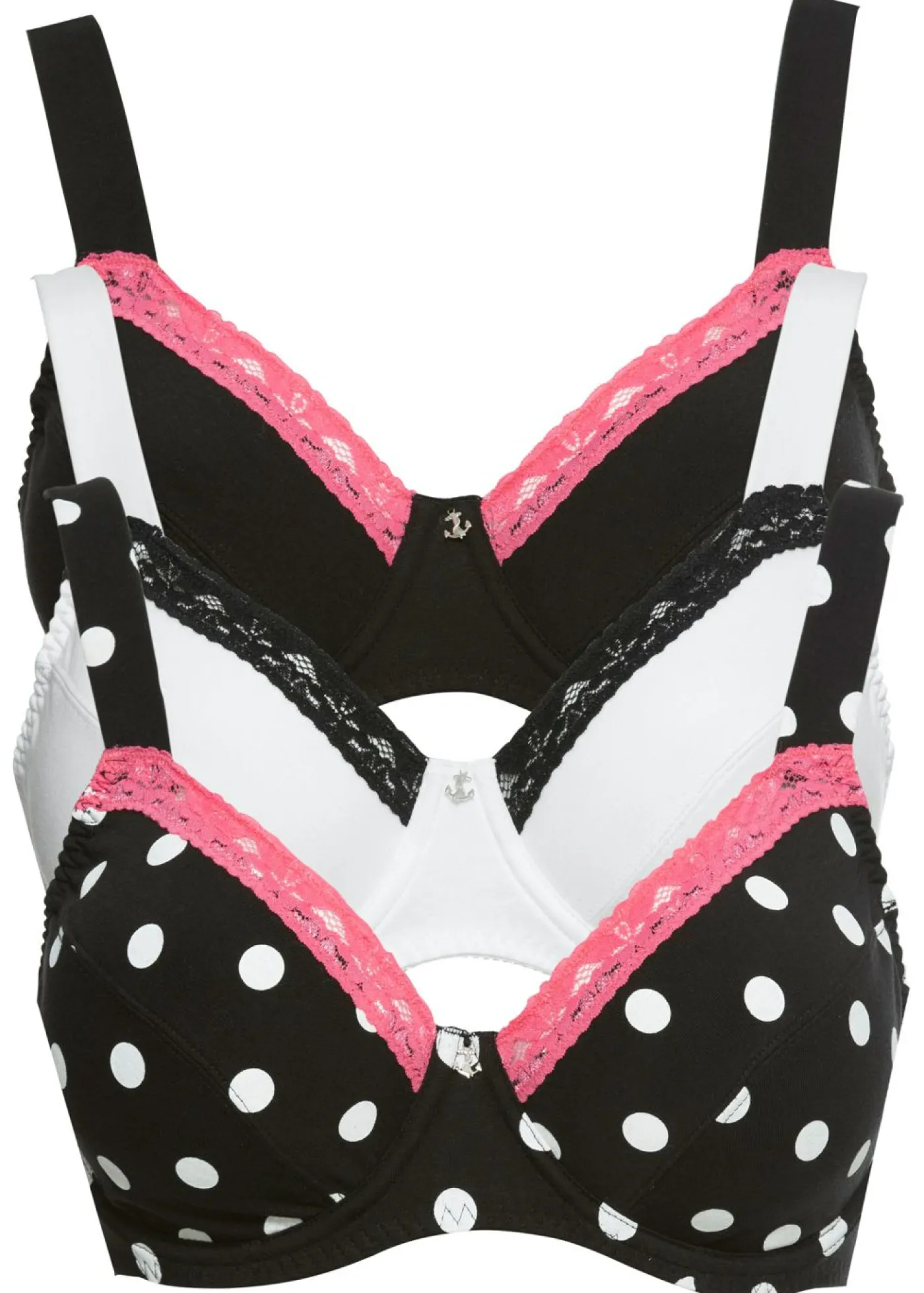bonprix bonprix Ropa Interior De Algodón>Pack de 3 sujetadores Negro de lunares + negro + blanco
