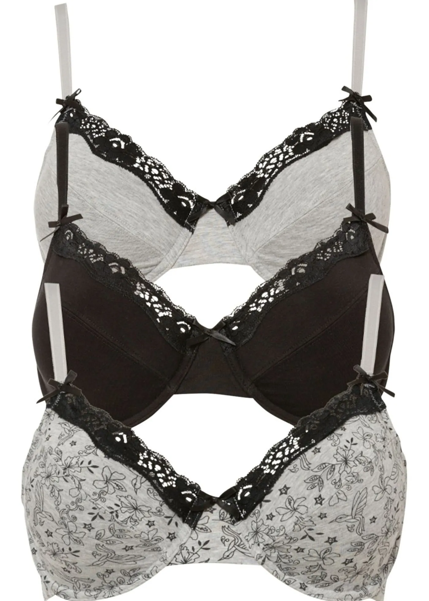 bonprix bonprix Sujetadores>Pack de 3 sujetadores Negro/gris claro jaspeado de flores + negro + gris claro jaspeado