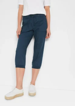 bonprix bonprix Pantalones>Pantalón 3/4 en mezcla de algodón y lino Azul marino